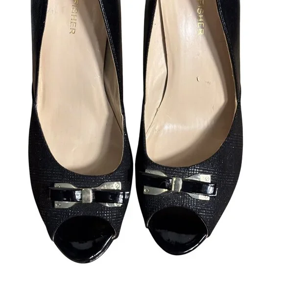 Marc Fisher 9.5M Black Peep-Toe Heels With Bow Accent Textured Finish & Stiletto - Picture 2 of 11